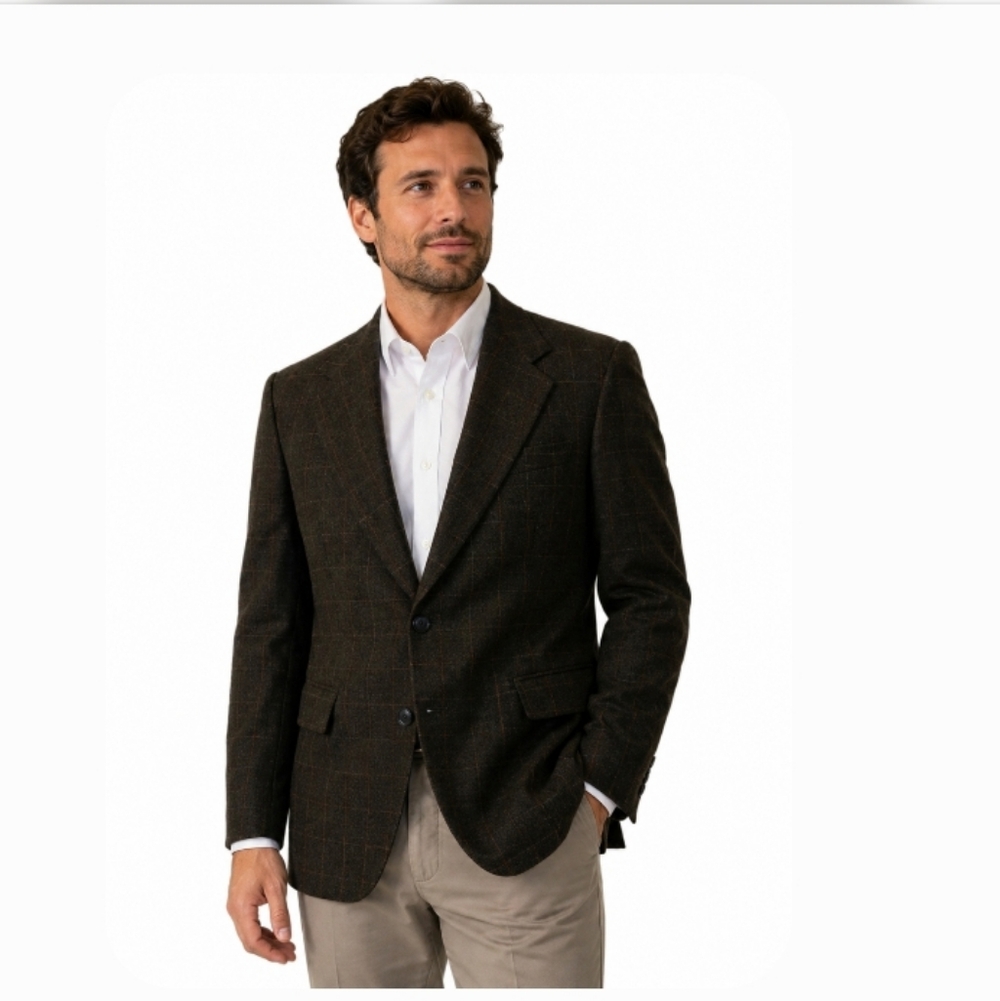 Men's Brown Checkered Blazer Sz 37 Wool Lining Preowed